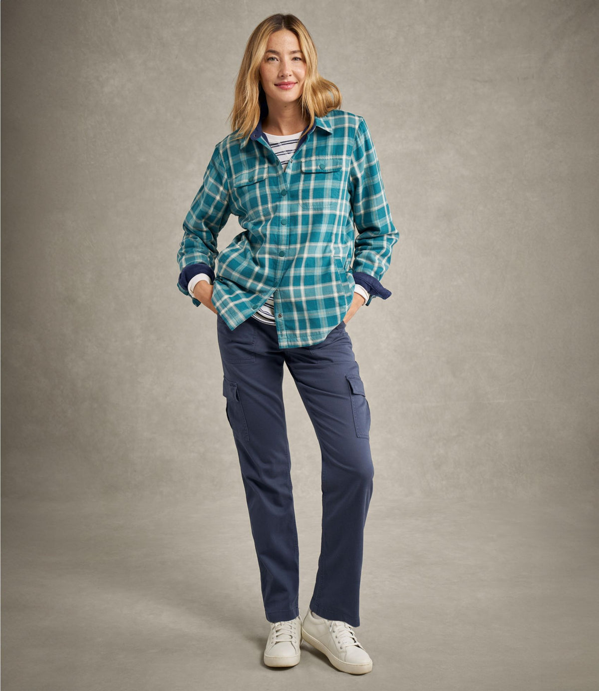 L.L.Bean Women's Fleece-Lined Flannel Shirt, Snap-Front Plaid Dark Twilight Blue