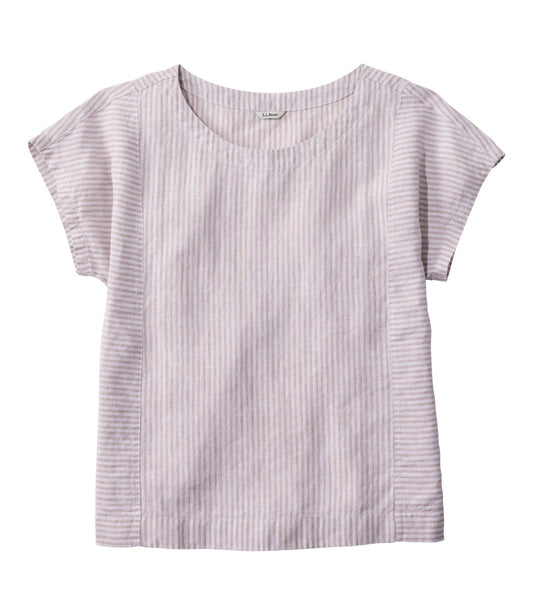 L.L.Bean Women's Premium Washable Linen Shirt, Short-Sleeve Stripe Soft Sand Stripe