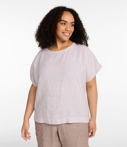 L.L.Bean Women's Premium Washable Linen Shirt, Short-Sleeve Stripe Soft Sand Stripe