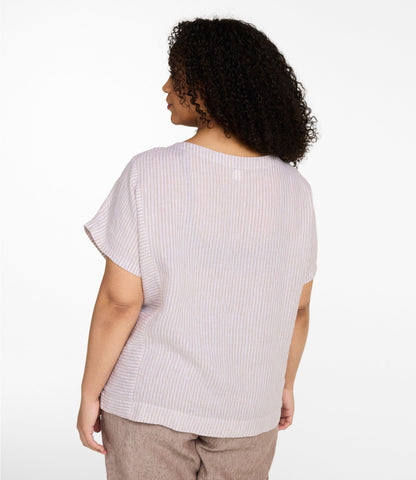 L.L.Bean Women's Premium Washable Linen Shirt, Short-Sleeve Stripe Soft Sand Stripe