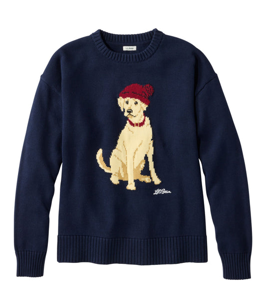 L.L.Bean Women's The Original Double L® Sweater, Novelty Crewneck Classic Navy Holiday Dog