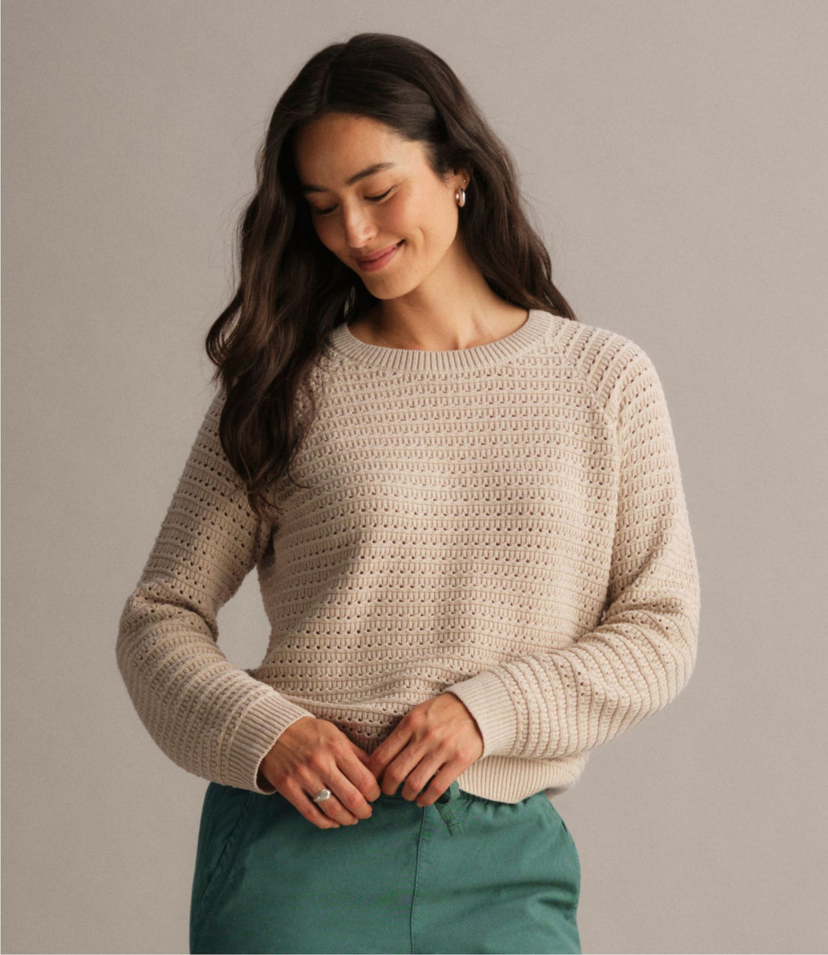 L.L.Bean Women's Sunwashed Openwork Sweater, Crewneck Dark Cinder
