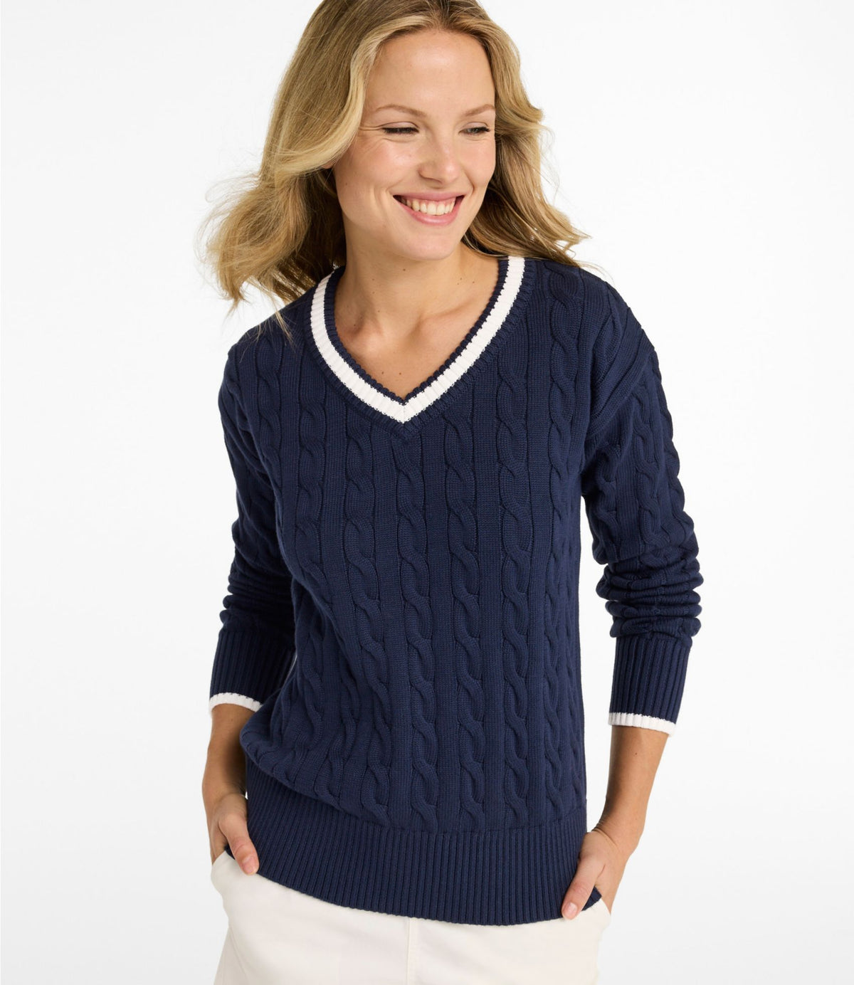 L.L.Bean Women's The Original Double L® Sweater, Cable V-Neck Deep Lake