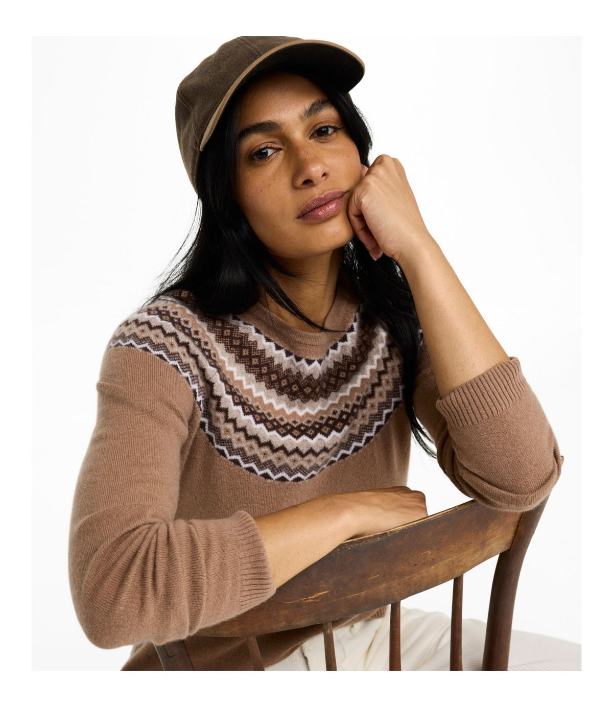 L.L.Bean Women's Classic Cashmere Sweater, Crewneck Fair Isle Camel Heather Fair Isle