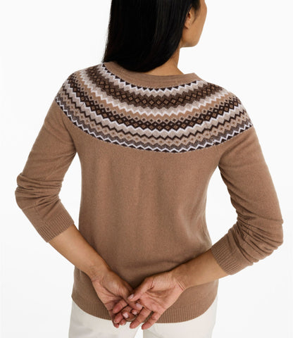 L.L.Bean Women's Classic Cashmere Sweater, Crewneck Fair Isle Camel Heather Fair Isle