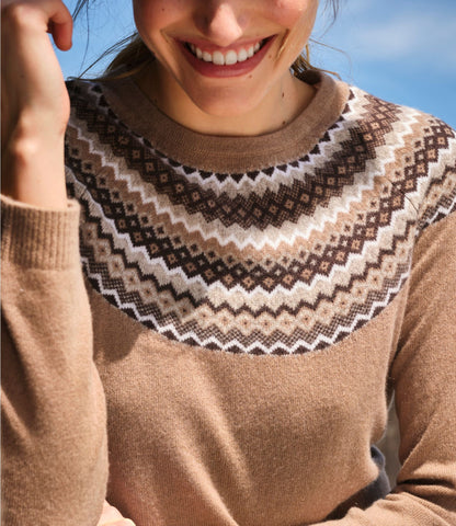 L.L.Bean Women's Classic Cashmere Sweater, Crewneck Fair Isle Camel Heather Fair Isle