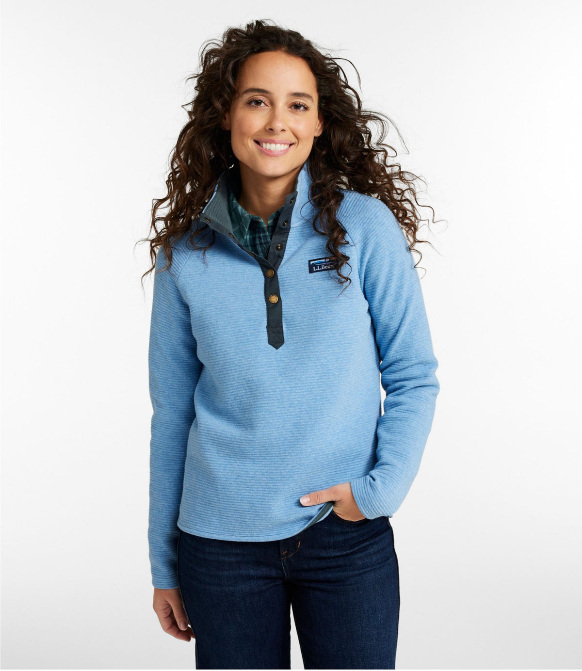 L.L.Bean Women's Lakewashed Double-Knit Quarter-Snap Deep Sea Green Heather