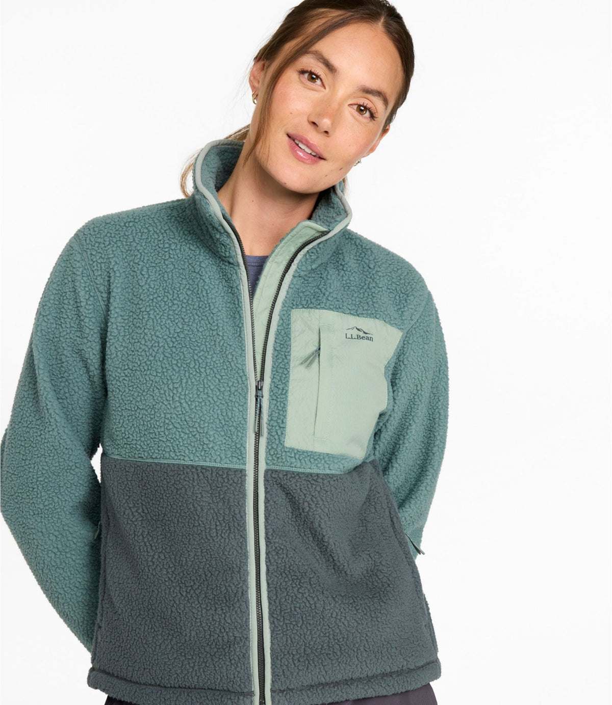 L.L.Bean Women's Mountainside Fleece Ripstop Overlay Jacket, Colorblock Deep Sea Green/Shadow Green