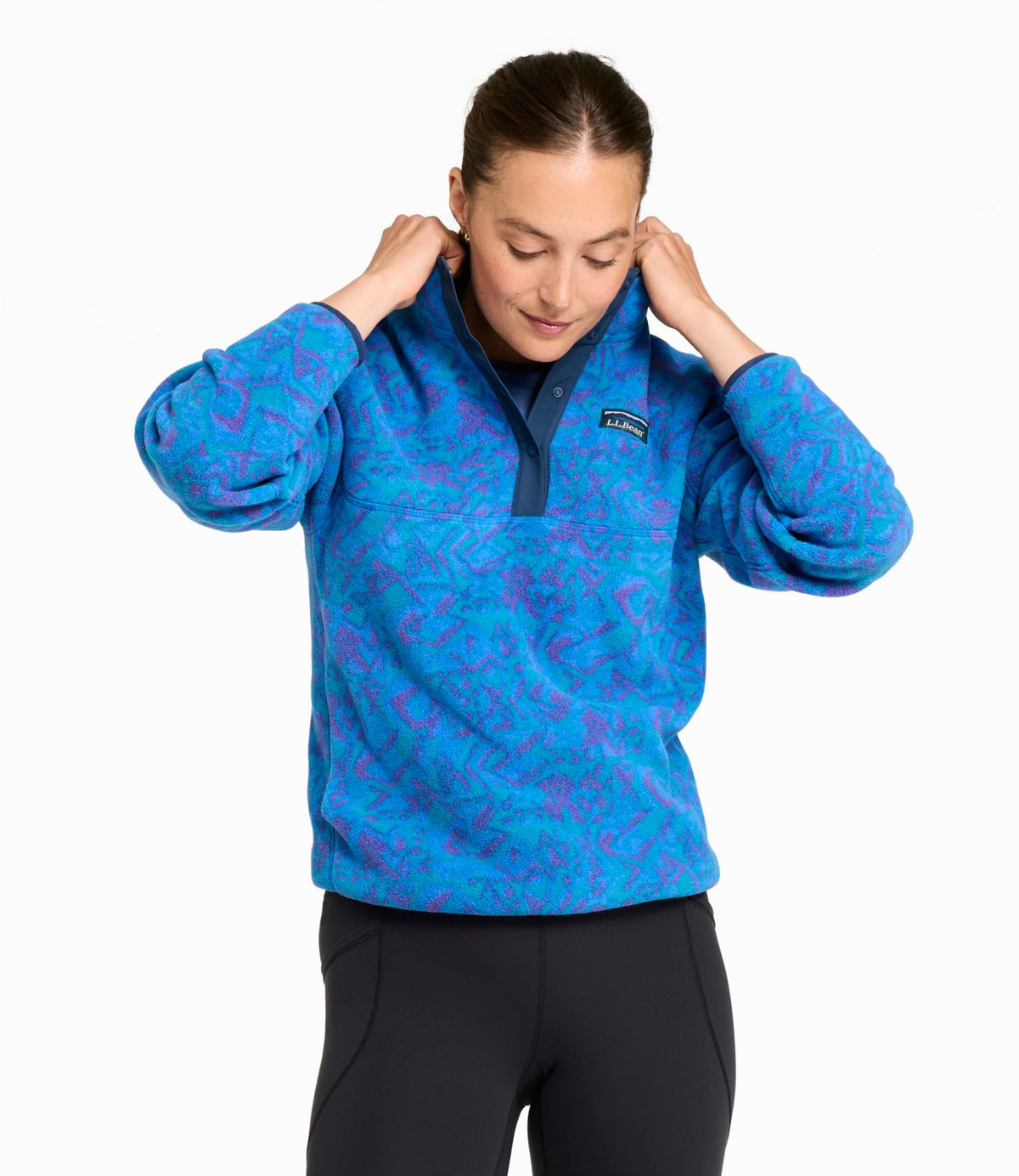 L.L.Bean Women's Mountain Classic Fleece Pullover, Print Teal Frost Woodblock