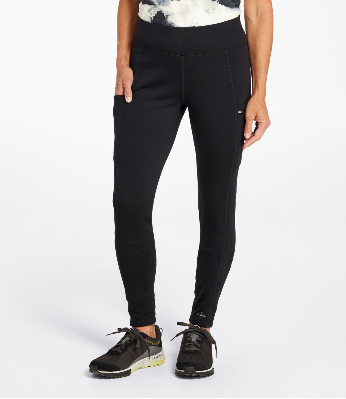 L.L.Bean Women's PrimaLoft ThermaStretch Fleece Pocket Tights, Mid-Rise Classic Navy Strie
