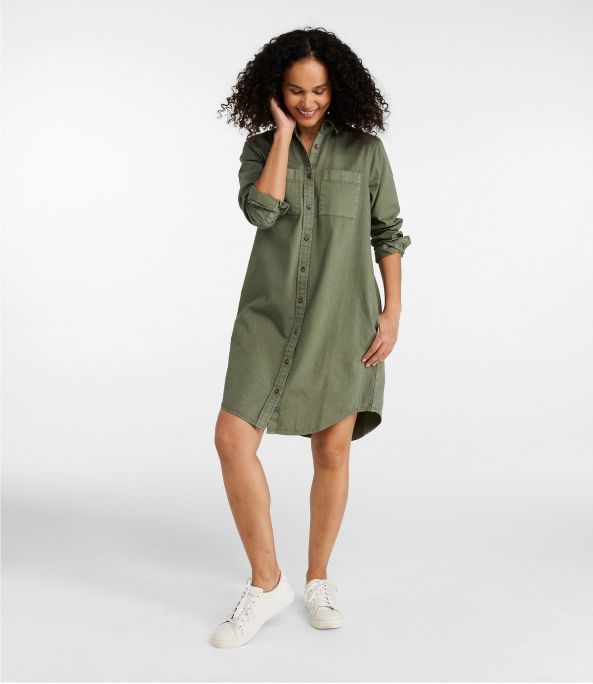 L.L.Bean Women's L.L. Bean Heritage Washed Denim Shirt Dress, Garment-Dye Deep Olive