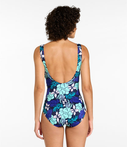 L.L.Bean Women's BeanSport Swimwear, Scoopneck Tanksuit Print Darkest Navy Palm Multi