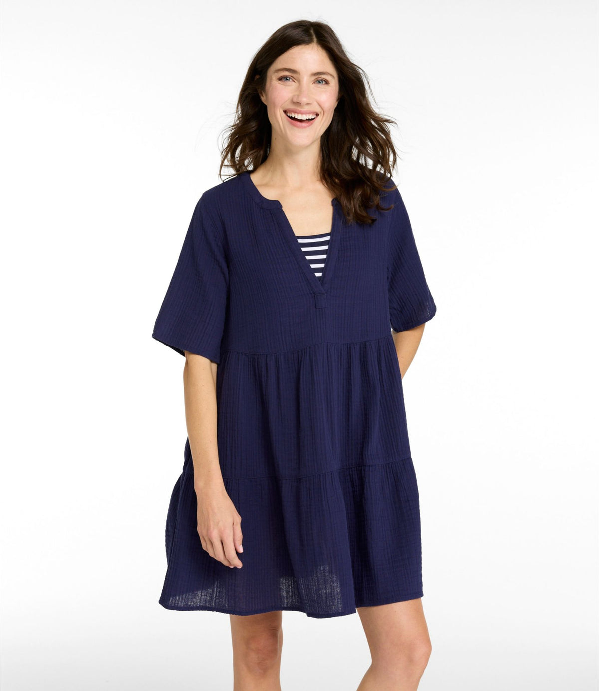 L.L.Bean Women's Cloud Gauze Cover-Up Tiered Dress Darkest Navy