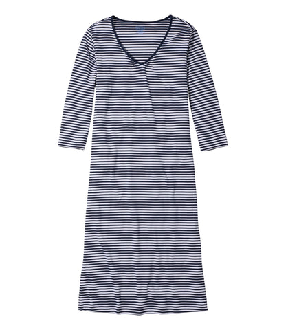 L.L.Bean Women's Supima Nightgown, V-Neck Three-Quarter-Sleeve Stripe Classic Navy Stripe