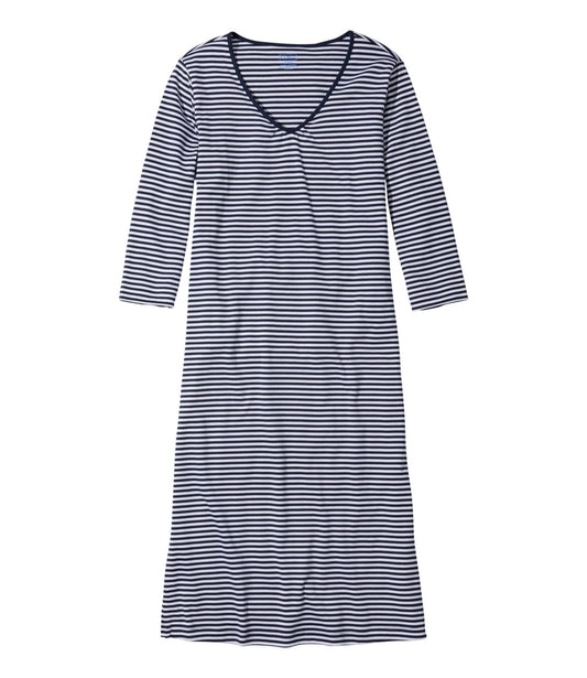 L.L.Bean Women's Supima Nightgown, V-Neck Three-Quarter-Sleeve Stripe Classic Navy Stripe