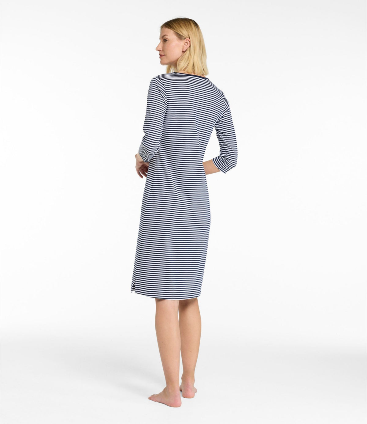 L.L.Bean Women's Supima Nightgown, V-Neck Three-Quarter-Sleeve Stripe Classic Navy Stripe