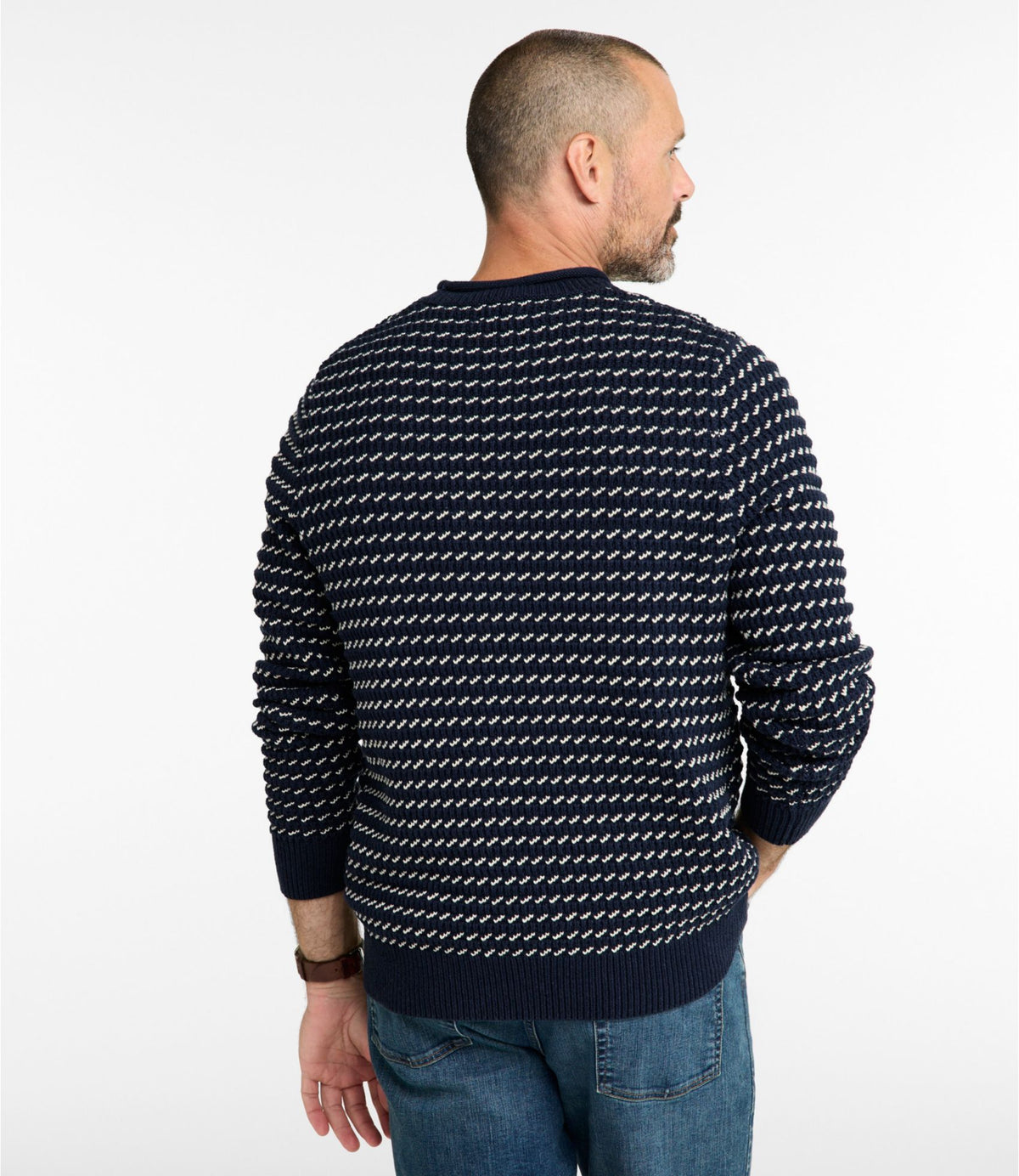 L.L.Bean Men's Organic Cotton Waffle Sweater, Rollneck Crew, Bird's-Eye Carbon Navy Birdseye