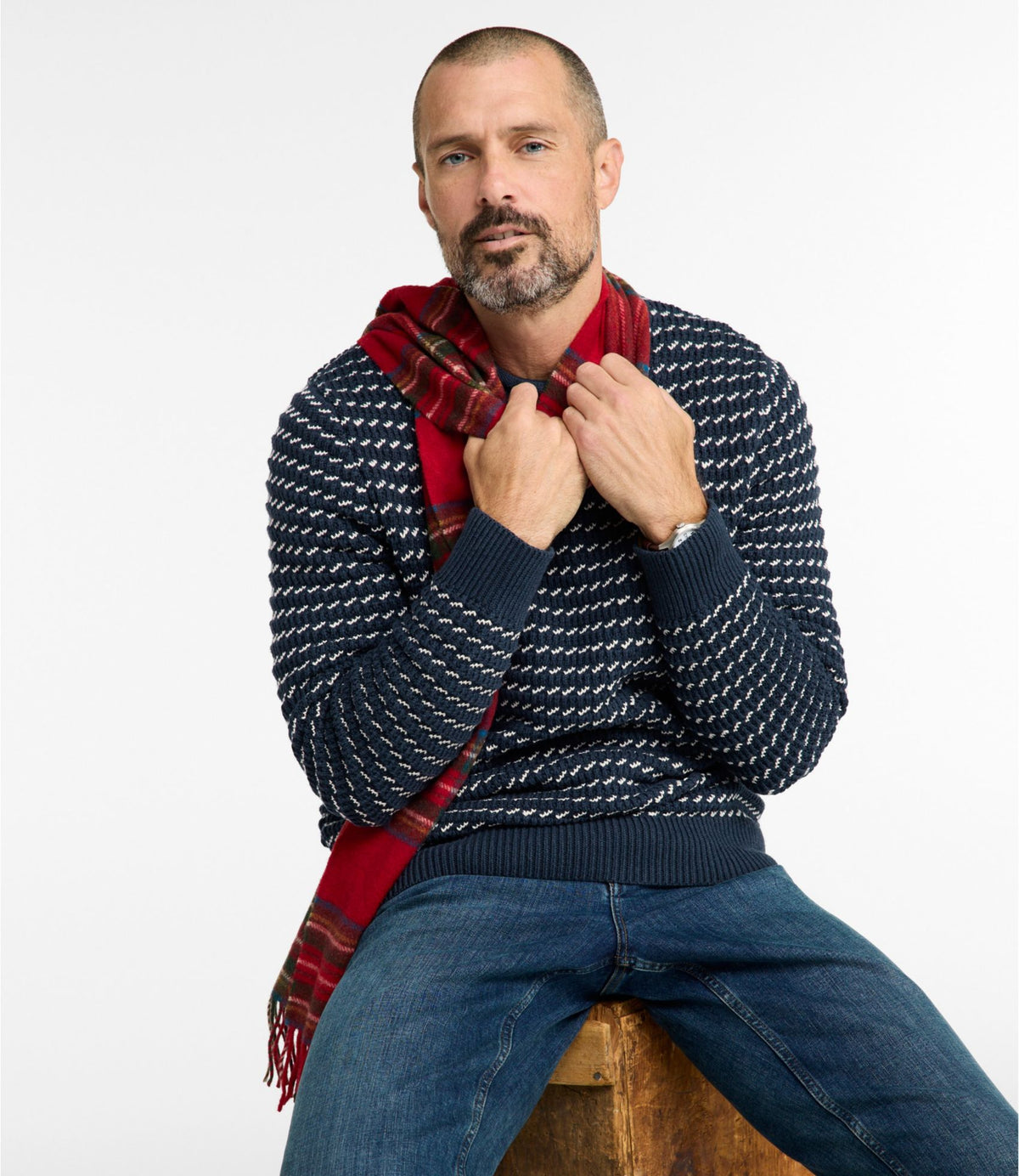 L.L.Bean Men's Organic Cotton Waffle Sweater, Rollneck Crew, Bird's-Eye Carbon Navy Birdseye