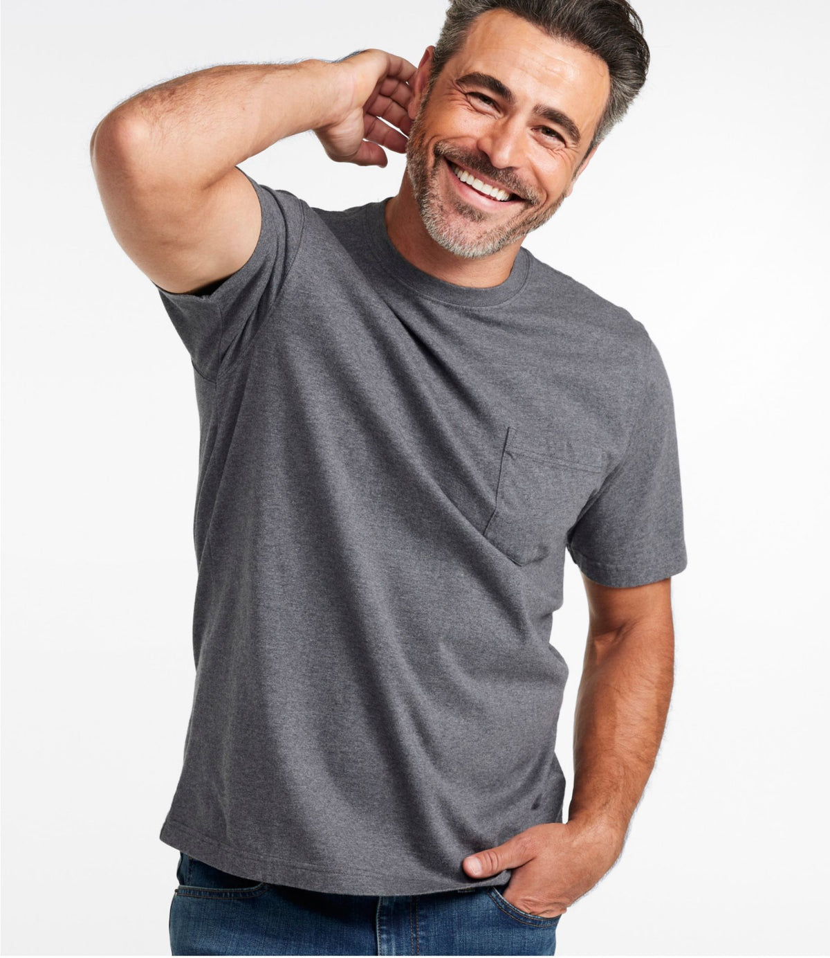 L.L.Bean Men's Carefree Unshrinkable Tee with Pocket, Traditional Fit Charcoal Heather