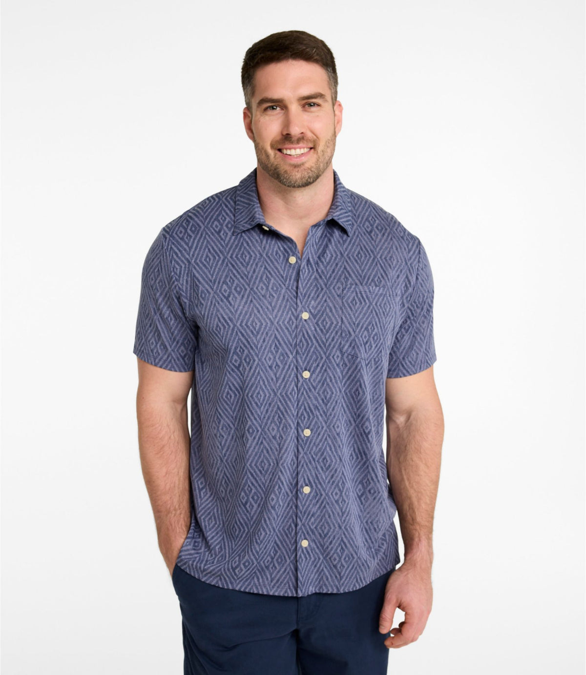 L.L.Bean Men's Sunwashed Ultrasoft Button-Front Shirt, Short-Sleeve, Print Indigo Ikat