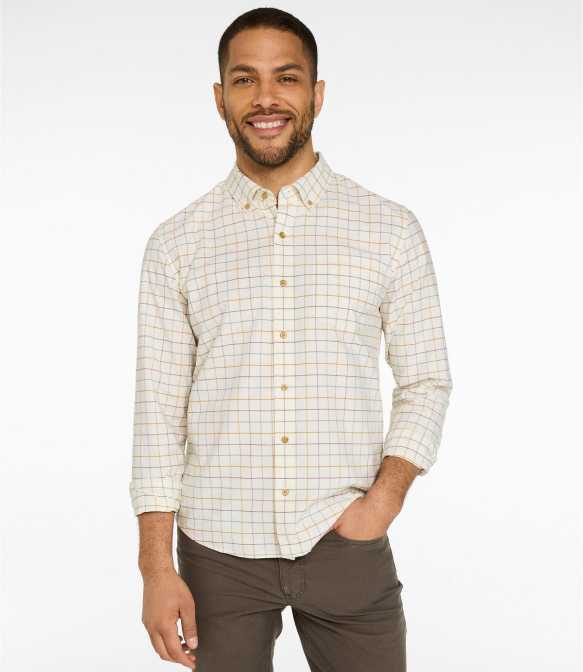 L.L.Bean Men's Sunwashed Oxford Shirt, Slightly Fitted Untucked Fit, Plaid Canyon Red