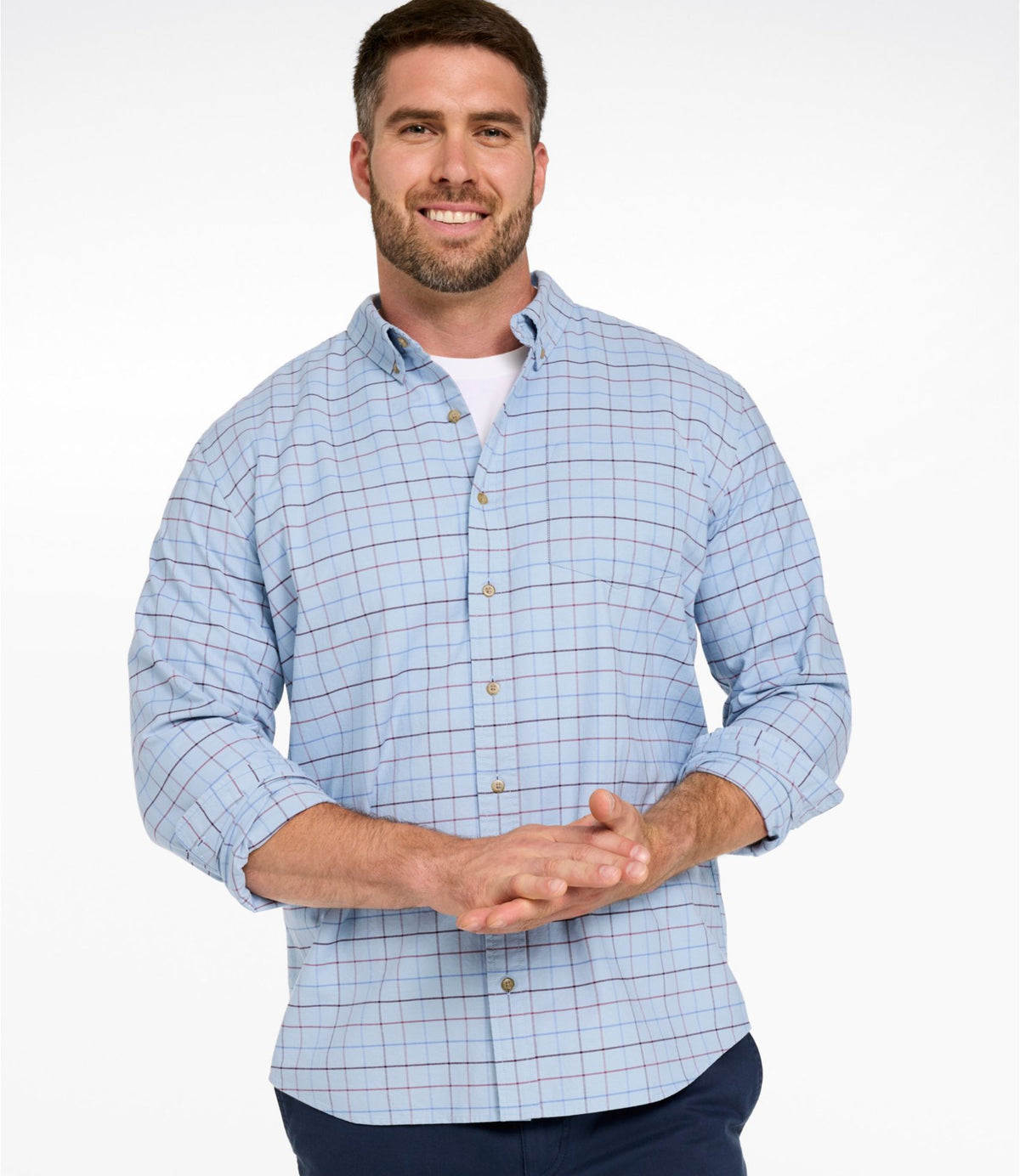 L.L.Bean Men's Sunwashed Oxford Shirt, Slightly Fitted Untucked Fit, Plaid Canyon Red