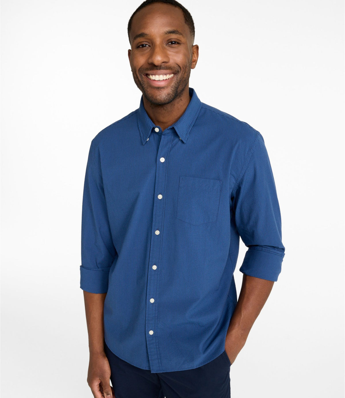 L.L.Bean Men's Comfort Stretch Performance® Seersucker Shirt, Long-Sleeve, Slightly Fitted Untucked Fit, Stripe Classic Navy