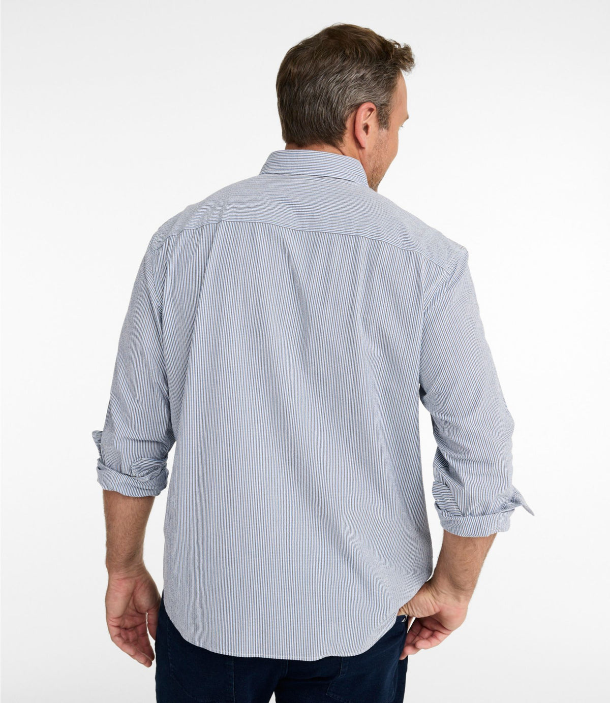 L.L.Bean Men's Comfort Stretch Performance® Seersucker Shirt, Long-Sleeve, Slightly Fitted Untucked Fit, Stripe Classic Navy