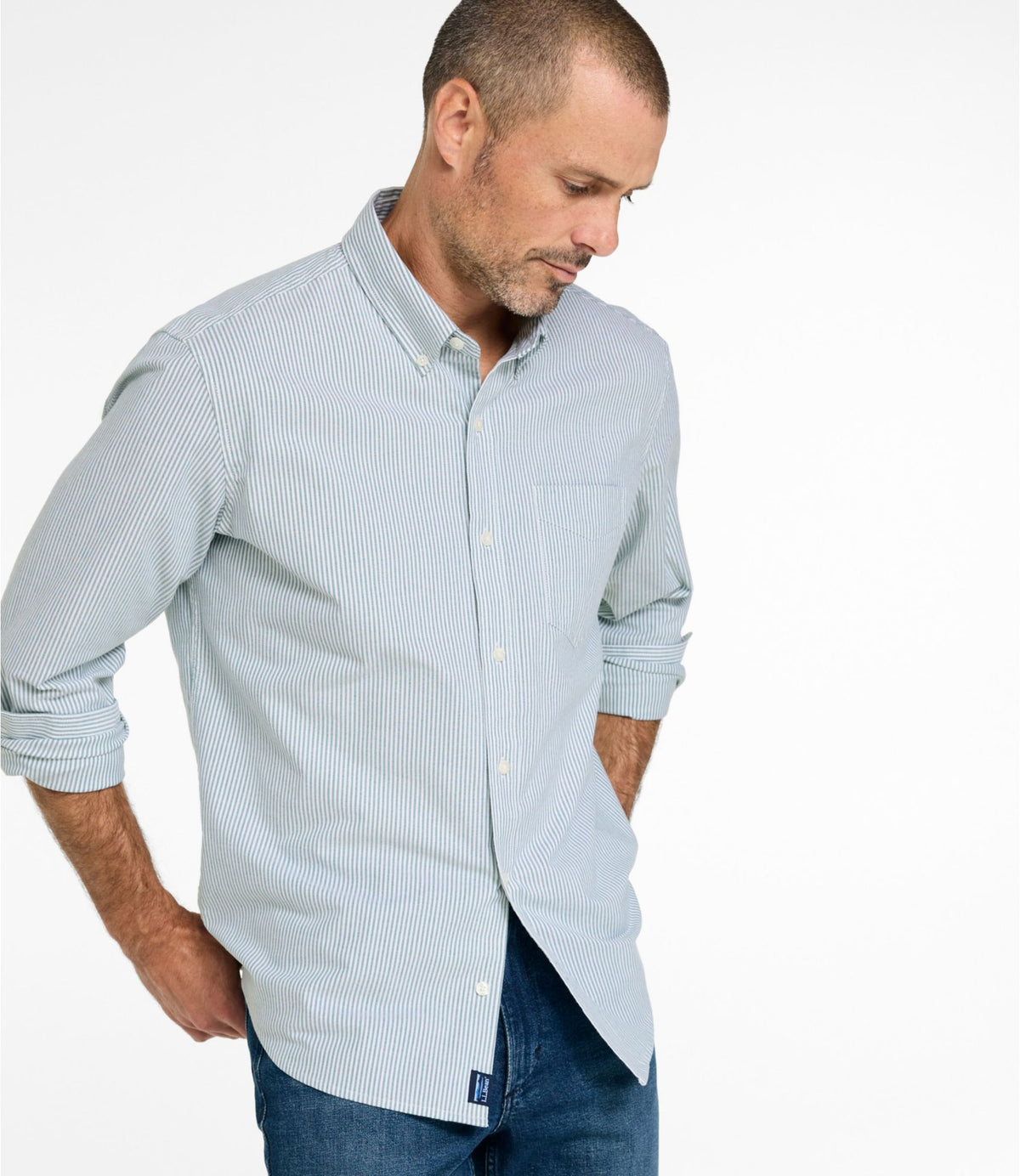 L.L.Bean Men's Comfort Stretch Oxford Shirt, Traditional Untucked Fit, Stripe Antique Green
