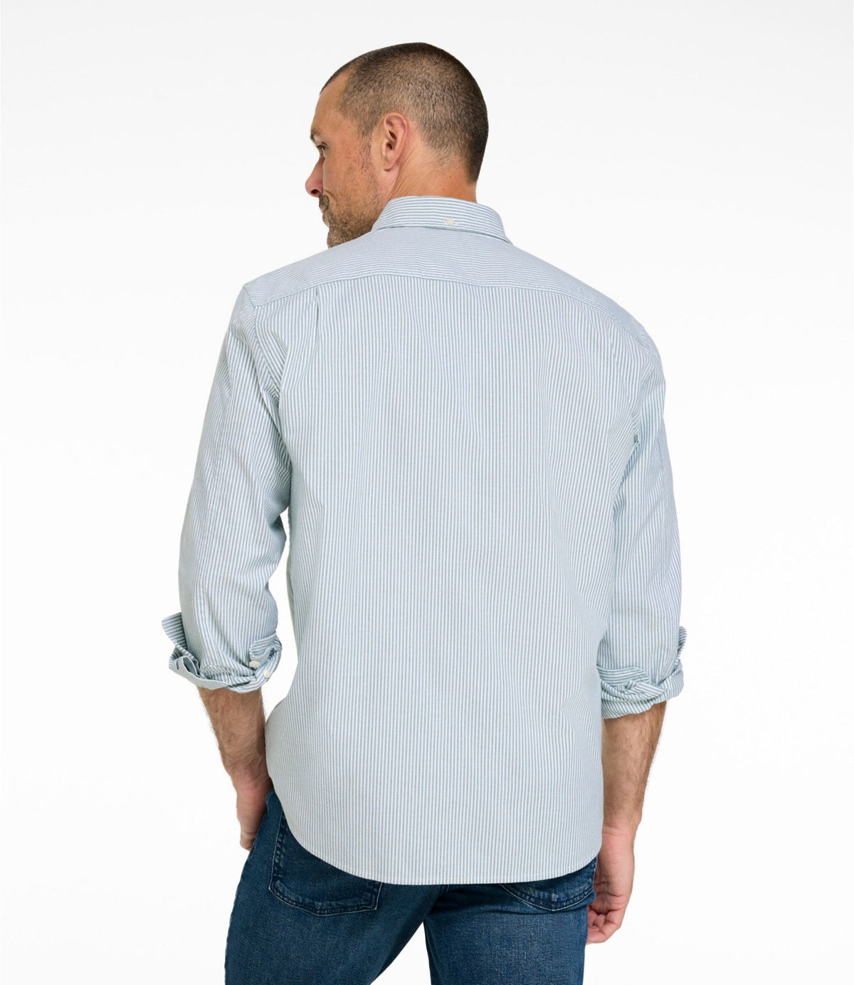 L.L.Bean Men's Comfort Stretch Oxford Shirt, Traditional Untucked Fit, Stripe Antique Green