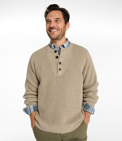 L.L.Bean Men's L.L.Bean Organic Cotton Waffle Sweater, Henley Field Khaki