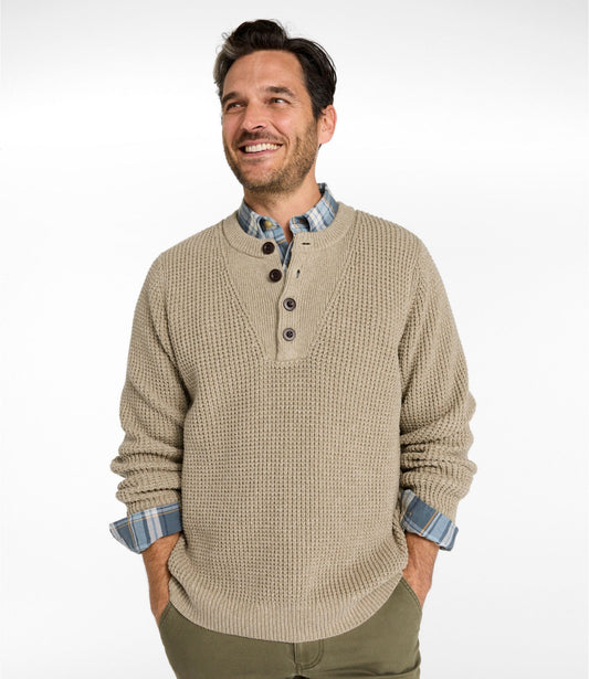 L.L.Bean Men's L.L.Bean Organic Cotton Waffle Sweater, Henley Field Khaki
