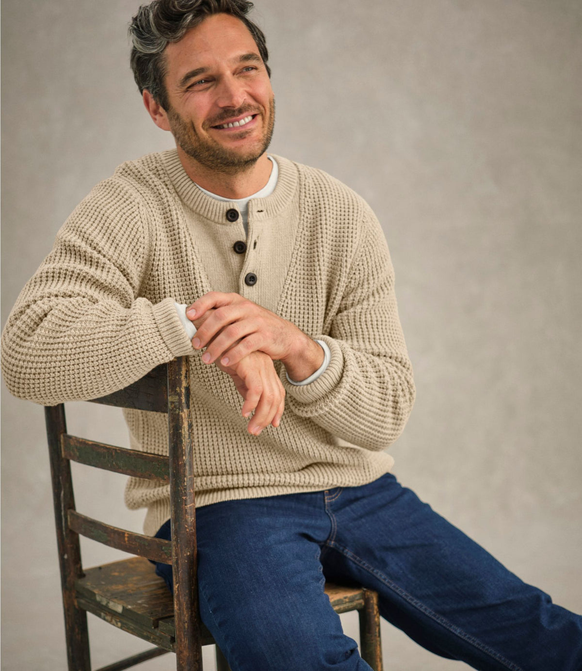 L.L.Bean Men's L.L.Bean Organic Cotton Waffle Sweater, Henley Field Khaki