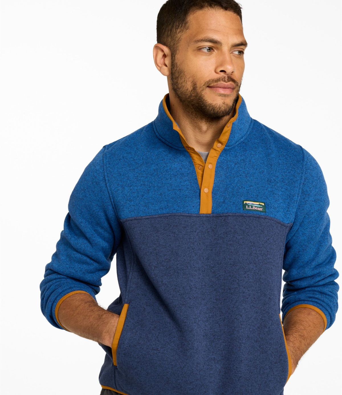 L.L.Bean Men's L.L.Bean Sweater Fleece Pullover, Colorblock Deep Glacier Blue/Classic Navy