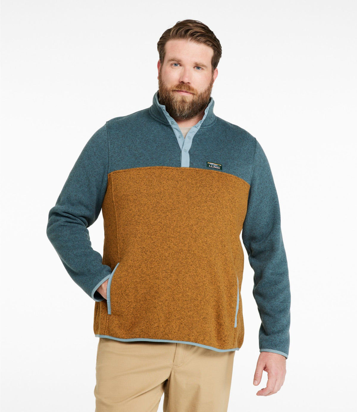 L.L.Bean Men's L.L.Bean Sweater Fleece Pullover, Colorblock Deep Glacier Blue/Classic Navy