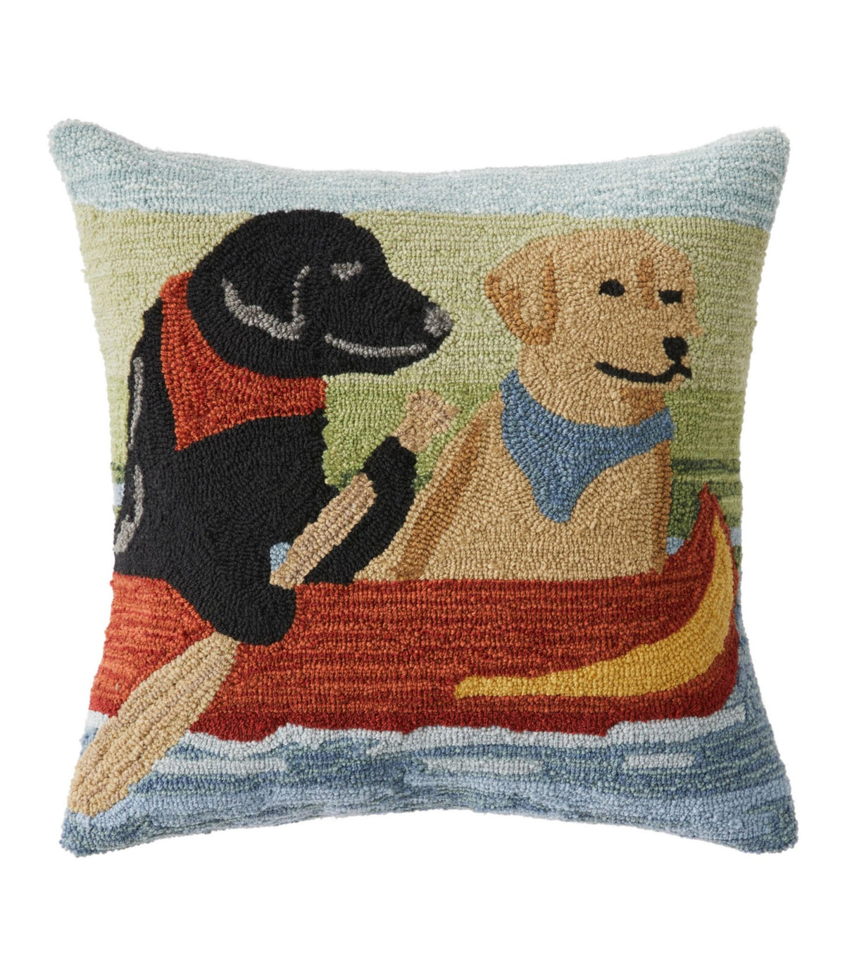 L.L.Bean Indoor/Outdoor Hooked Pillow, Dogs in Canoe, 18" x 18" Multi