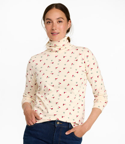 L.L.Bean Women's L.L.Bean Interlock Turtleneck, Long-Sleeve Allover Print Bordeaux/Dawn Pink Birdseye