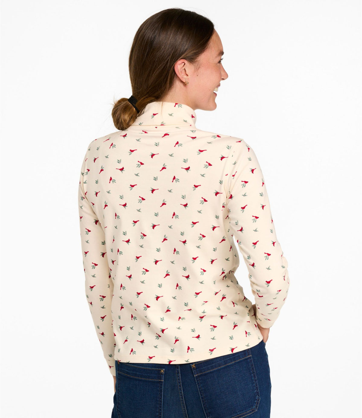 L.L.Bean Women's L.L.Bean Interlock Turtleneck, Long-Sleeve Allover Print Bordeaux/Dawn Pink Birdseye