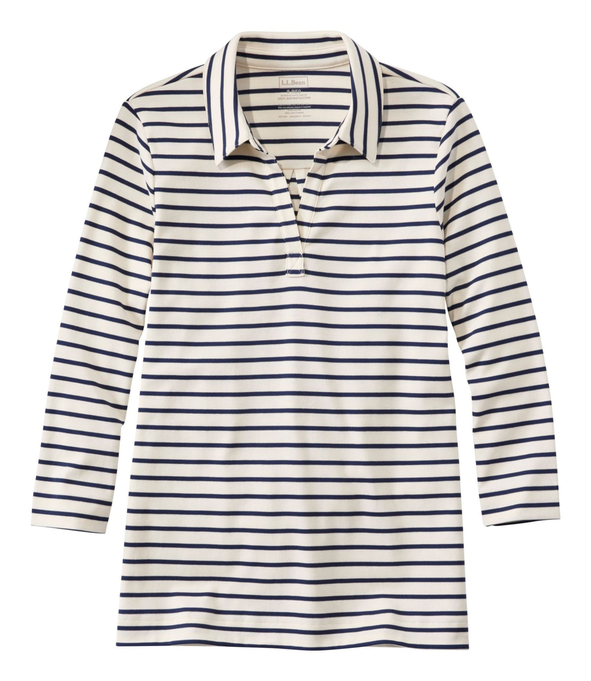 L.L.Bean Women's Pima Cotton Tee, Three-Quarter-Sleeve Polo Stripe Cream/Raven Blue