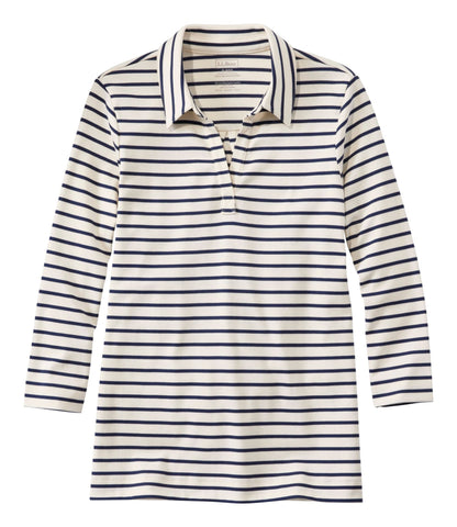L.L.Bean Women's Pima Cotton Tee, Three-Quarter-Sleeve Polo Stripe Cream/Raven Blue