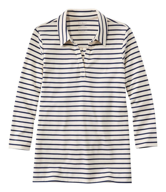 L.L.Bean Women's Pima Cotton Tee, Three-Quarter-Sleeve Polo Stripe Cream/Raven Blue