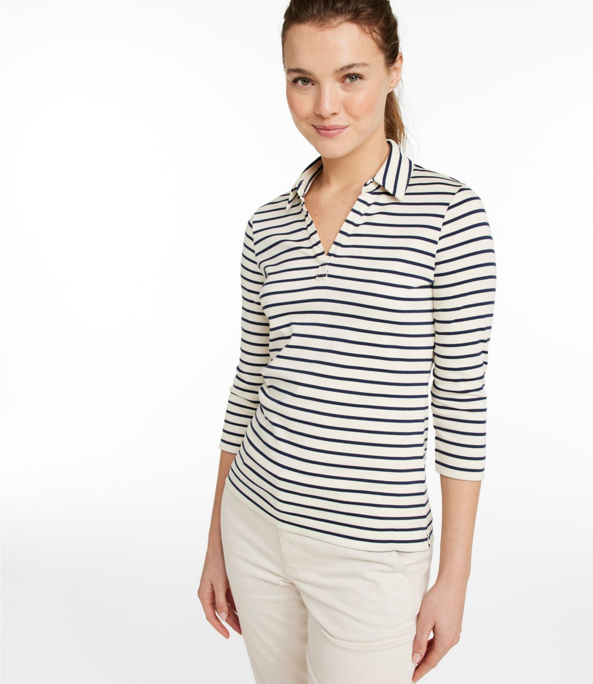 L.L.Bean Women's Pima Cotton Tee, Three-Quarter-Sleeve Polo Stripe Cream/Raven Blue