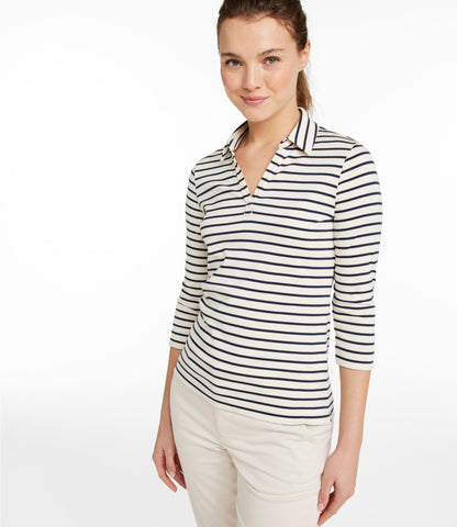 L.L.Bean Women's Pima Cotton Tee, Three-Quarter-Sleeve Polo Stripe Cream/Raven Blue
