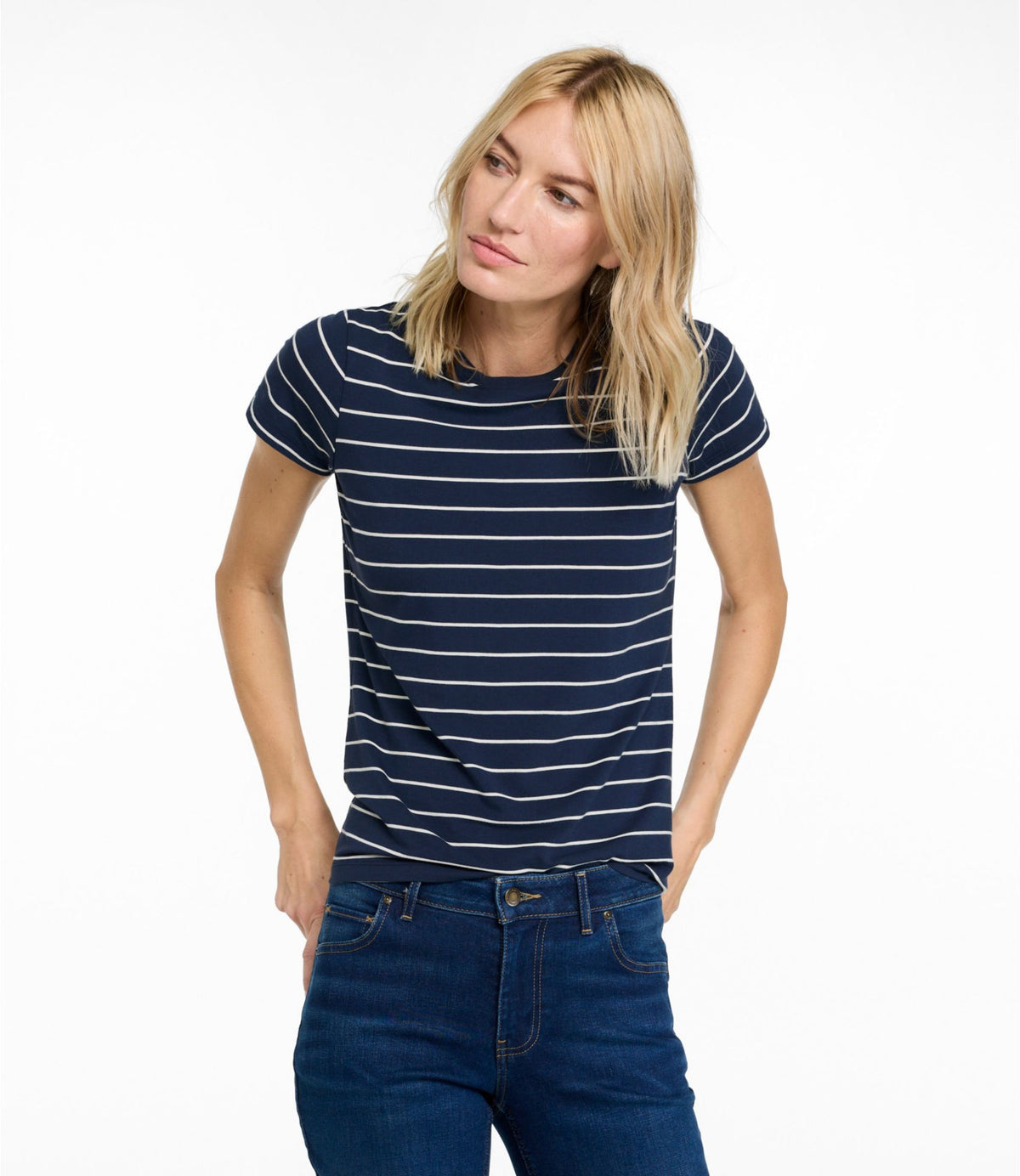 L.L.Bean Women's Soft Stretch Supima-Blend Tee, Crewneck Short-Sleeve Striped Classic Navy/Cream