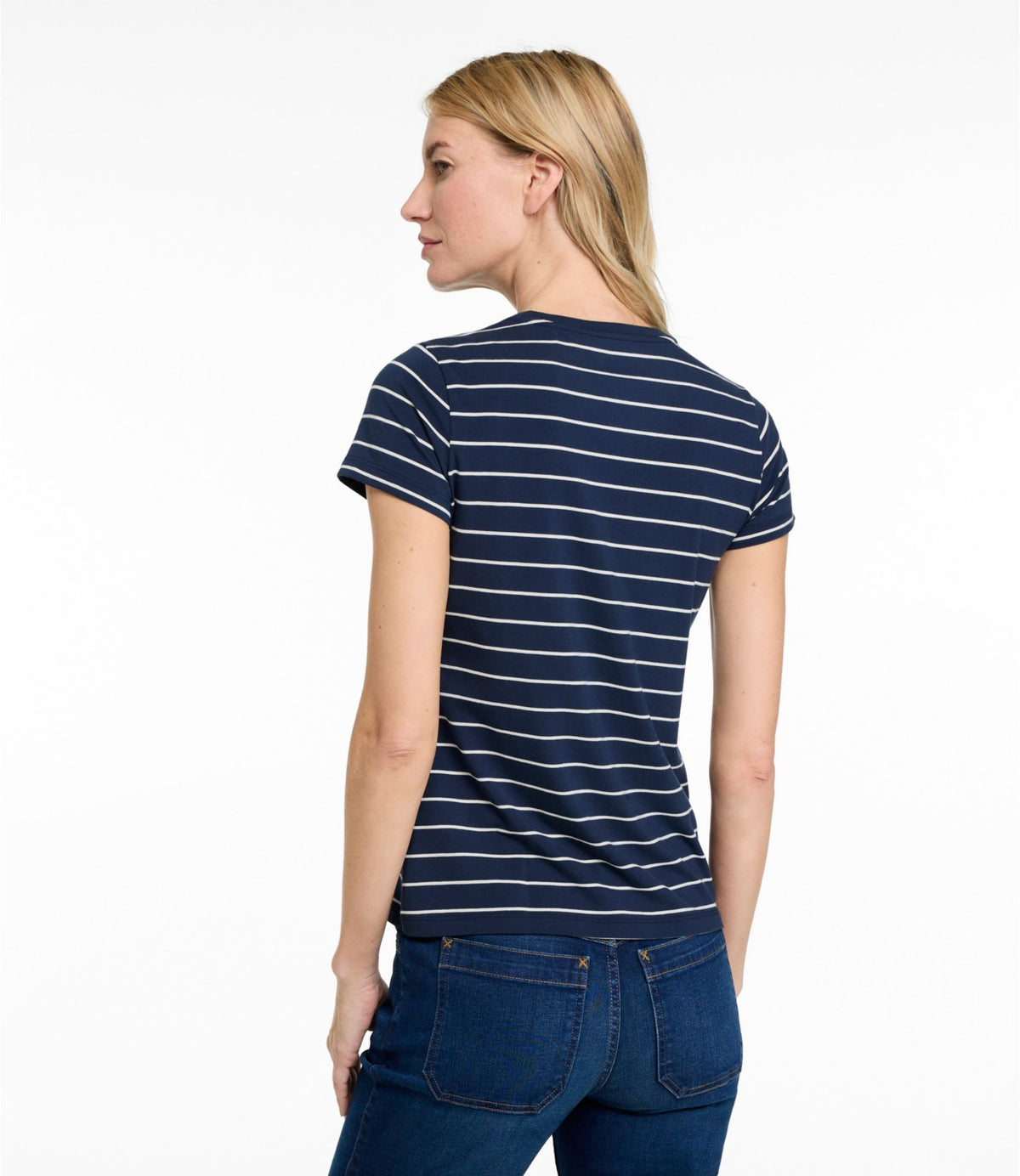 L.L.Bean Women's Soft Stretch Supima-Blend Tee, Crewneck Short-Sleeve Striped Classic Navy/Cream