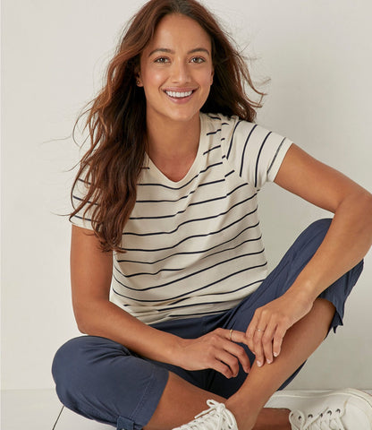 L.L.Bean Women's Soft Stretch Supima-Blend Tee, Crewneck Short-Sleeve Striped Classic Navy/Cream