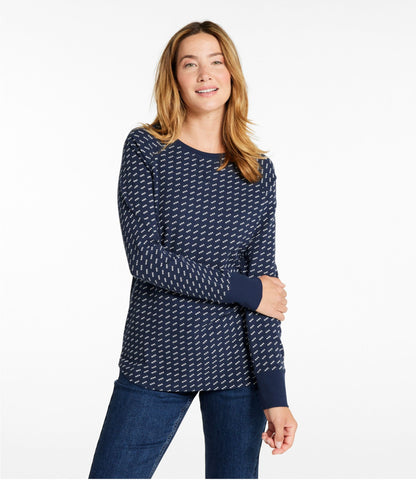 L.L.Bean Women's Unshrinkable Mini-Waffle Tee, Long-Sleeve Crewneck Stripe Classic Navy Birdseye