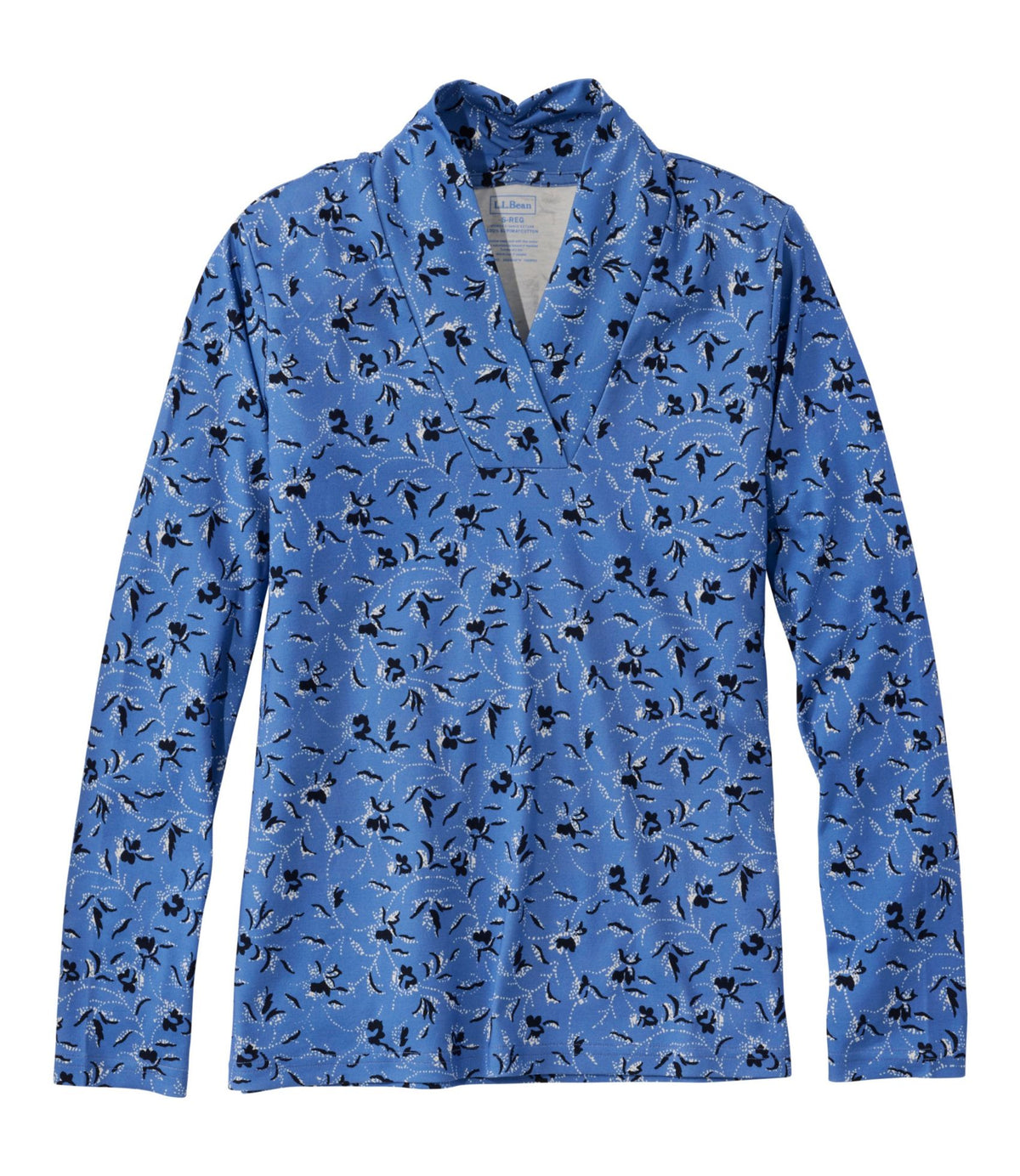 L.L.Bean Women's Pima Cotton Tee, Shawl Long-Sleeve Print Neptune Blue Dot Floral