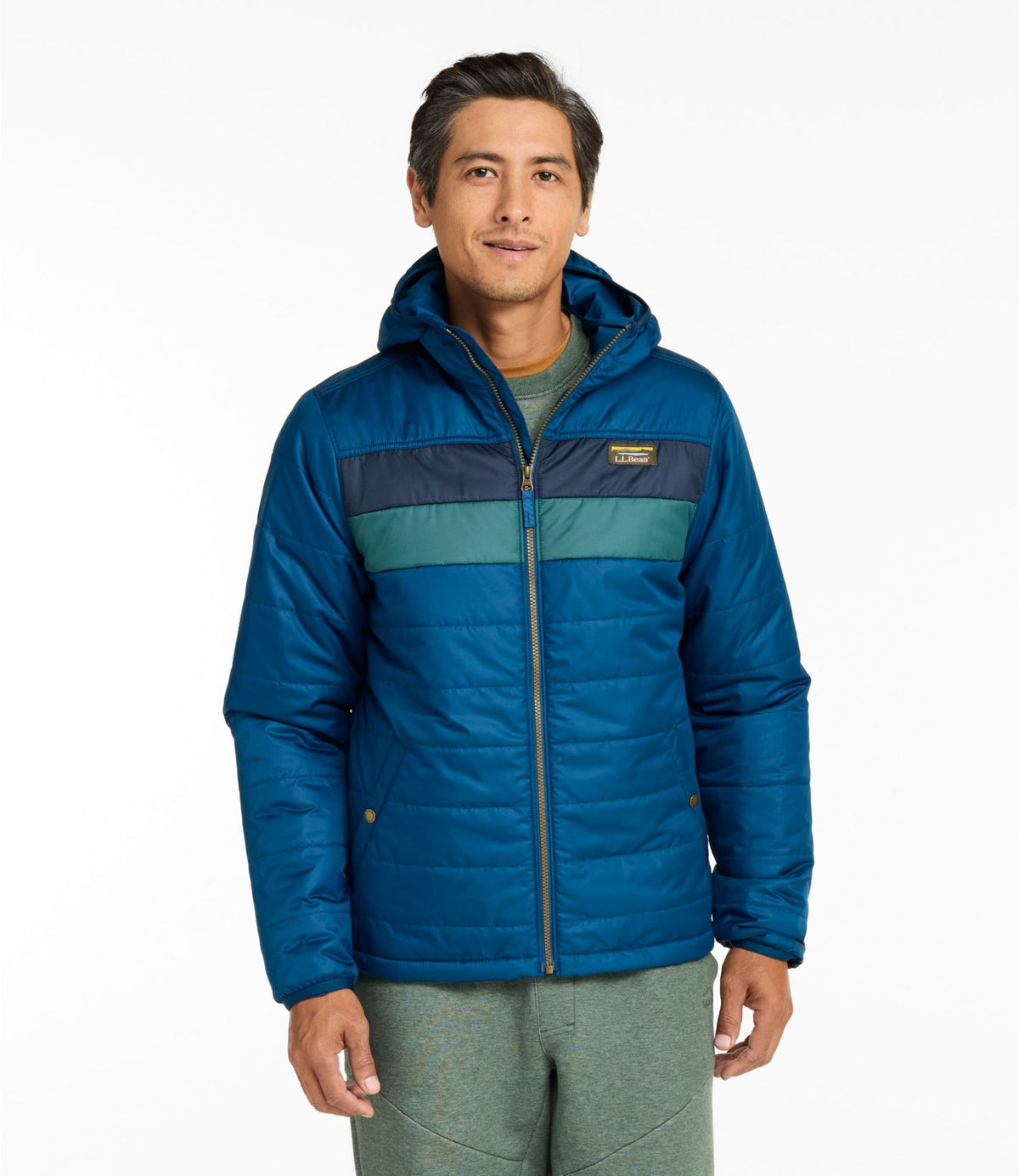 L.L.Bean Men's Mountain Classic Puffer Hooded Jacket, Colorblock Dark Marine Blue/Nautical Navy