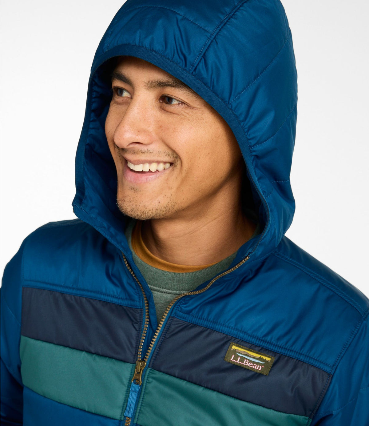L.L.Bean Men's Mountain Classic Puffer Hooded Jacket, Colorblock Dark Marine Blue/Nautical Navy
